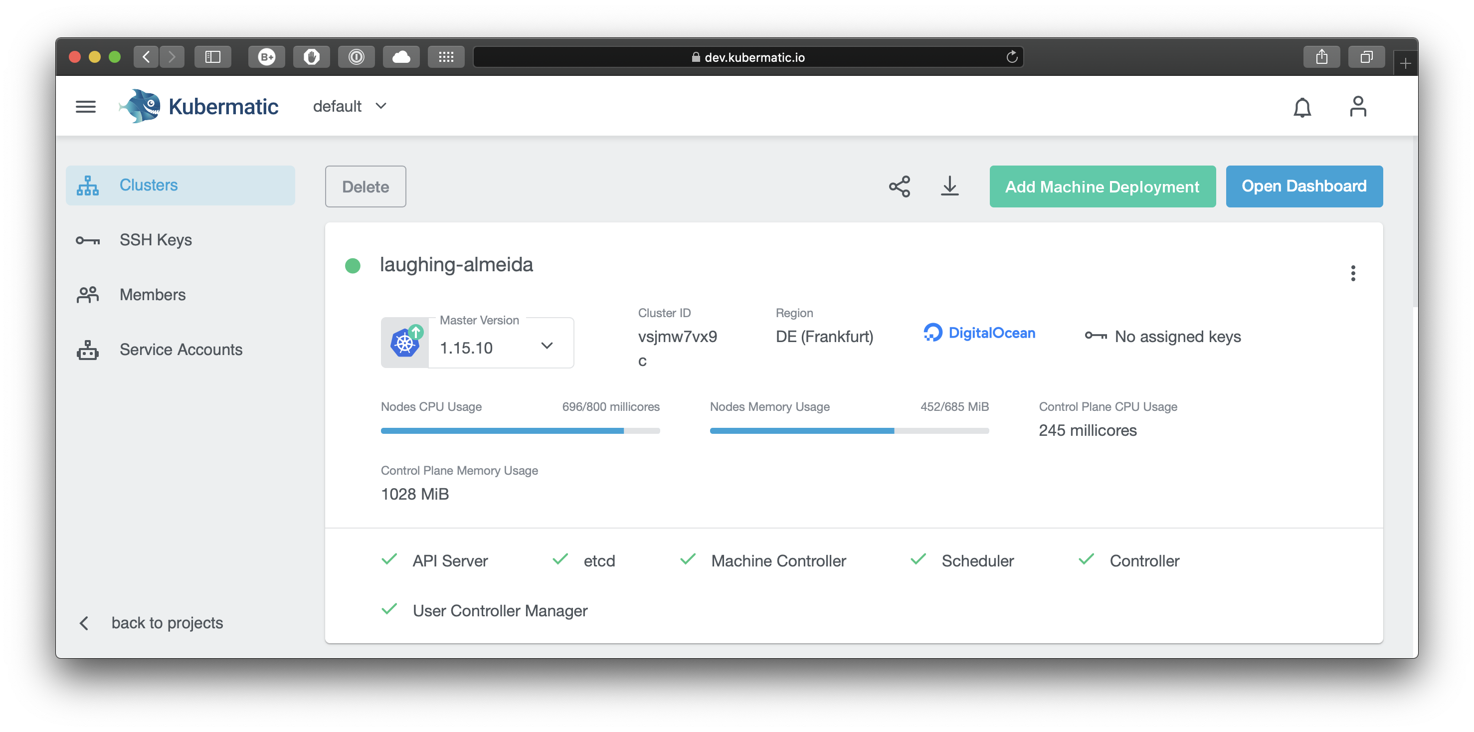 Cluster overview with highlighted add button